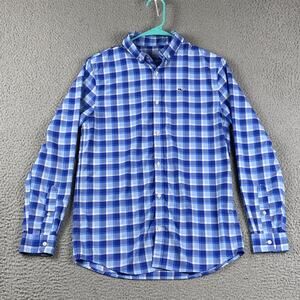 Vineyard Vines Performance Boys L (16) Blue Plaid Stretch Button Down Shirt